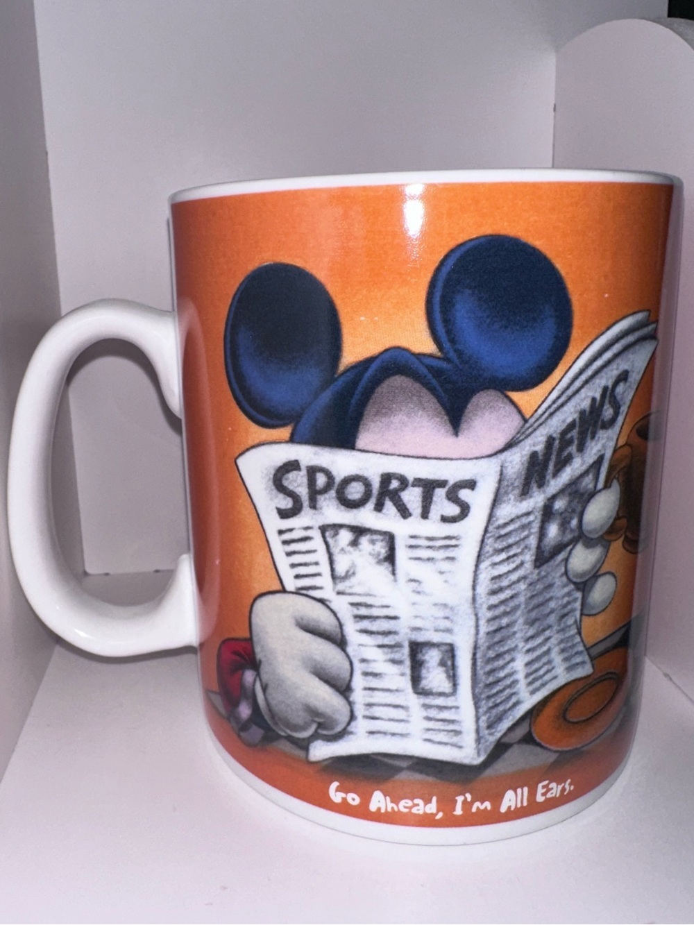 Jumbo Disney Orange Mickey Mouse Newsprint Ceramic Mug
